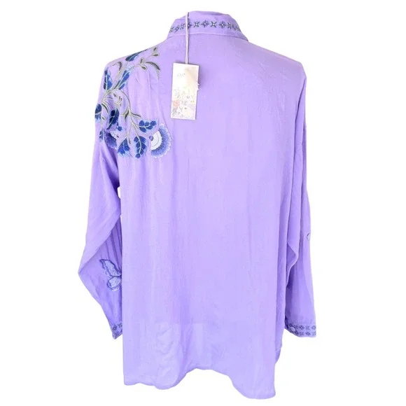 Johnny Was Slim Audrey Tunic Womens Boho M Lavender Embroidered Butterfly Top - Picture 4 of 16